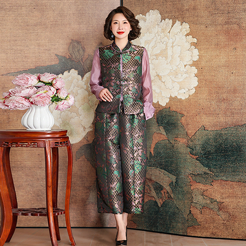 齐黛国际大牌套装女2025夏季新款宋锦无袖妈妈两件套