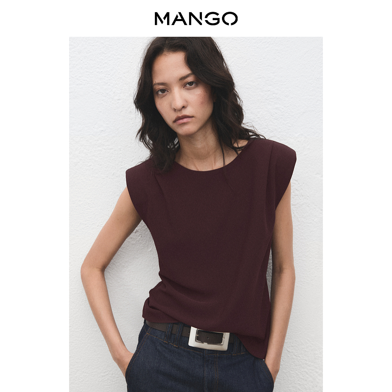 MANGO女装衬衫2025秋装新款高智感圆领直筒垂感无袖褶皱垫肩上衣