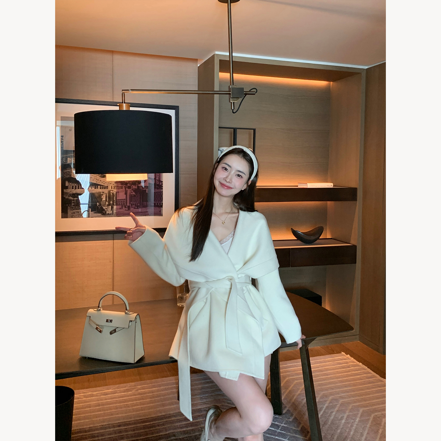 不冷BULENG 100羊毛翻领系带收腰毛呢外套