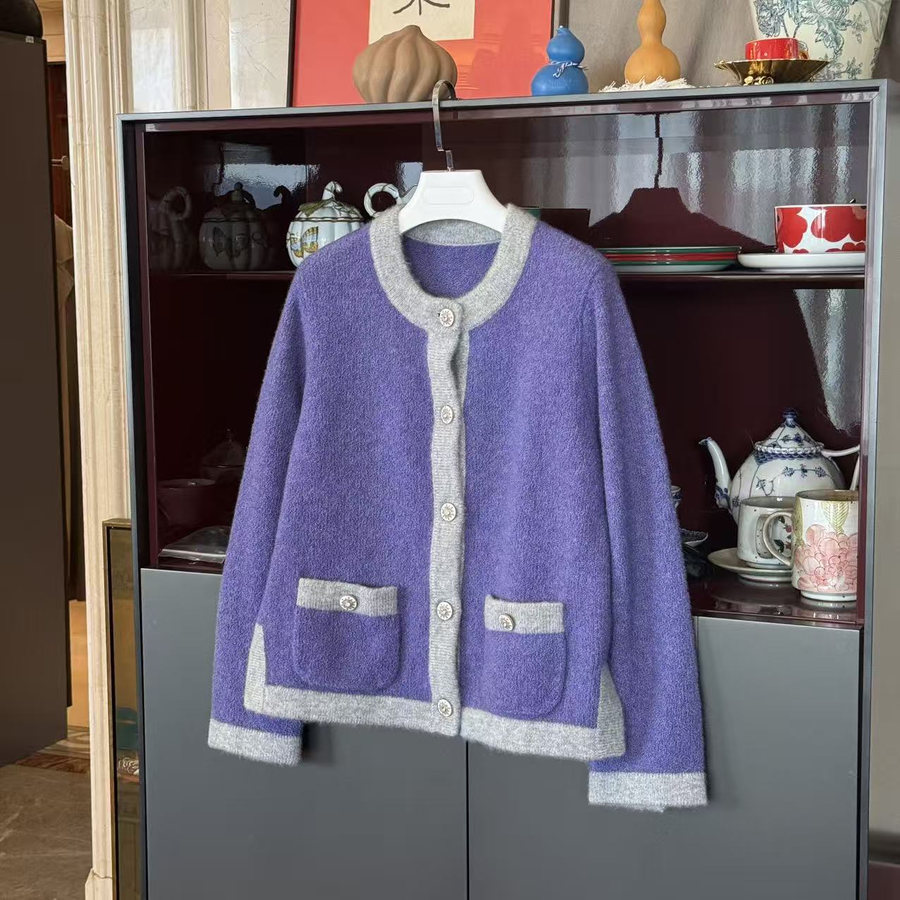 MYL 2025秋冬新品羊绒混纺黄色针织开衫圆领长袖拼色时尚针织衫