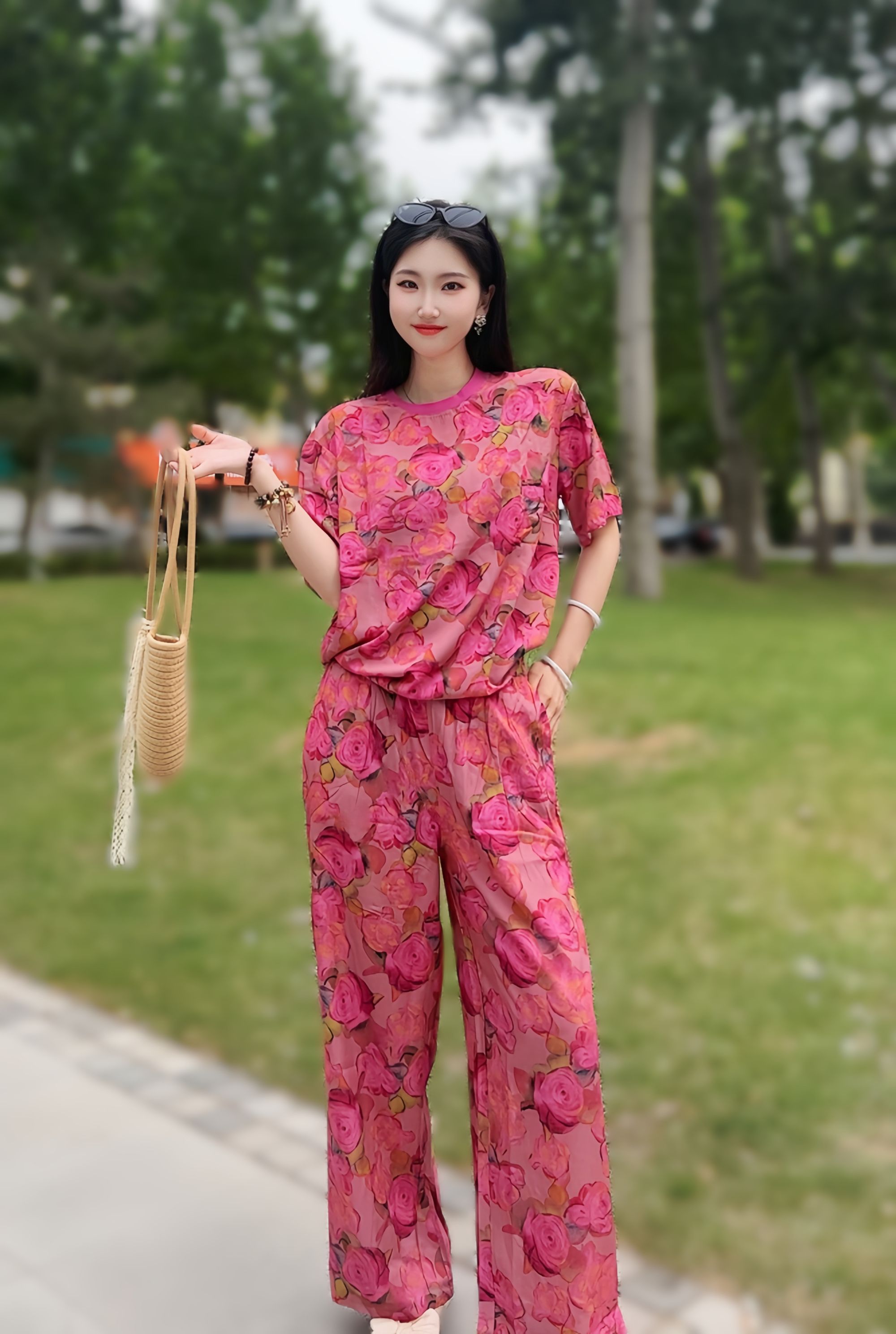 【柚子妈】爆款螺纹弹力圆领棉绸长裤短袖套装（当日发）