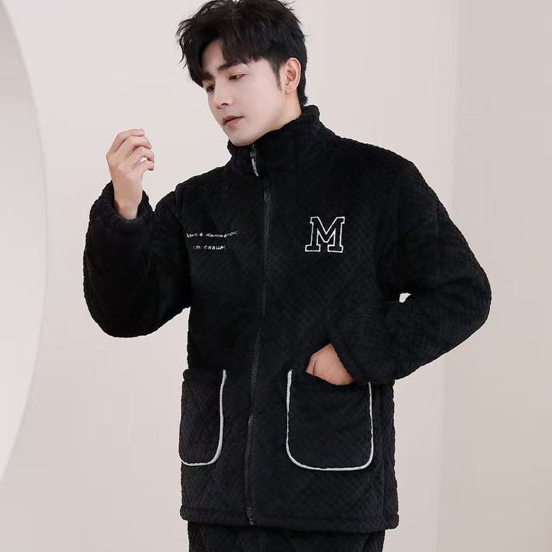 新款三层夹棉睡衣男超厚刺绣简约高级感冬季保暖男士家居服套装