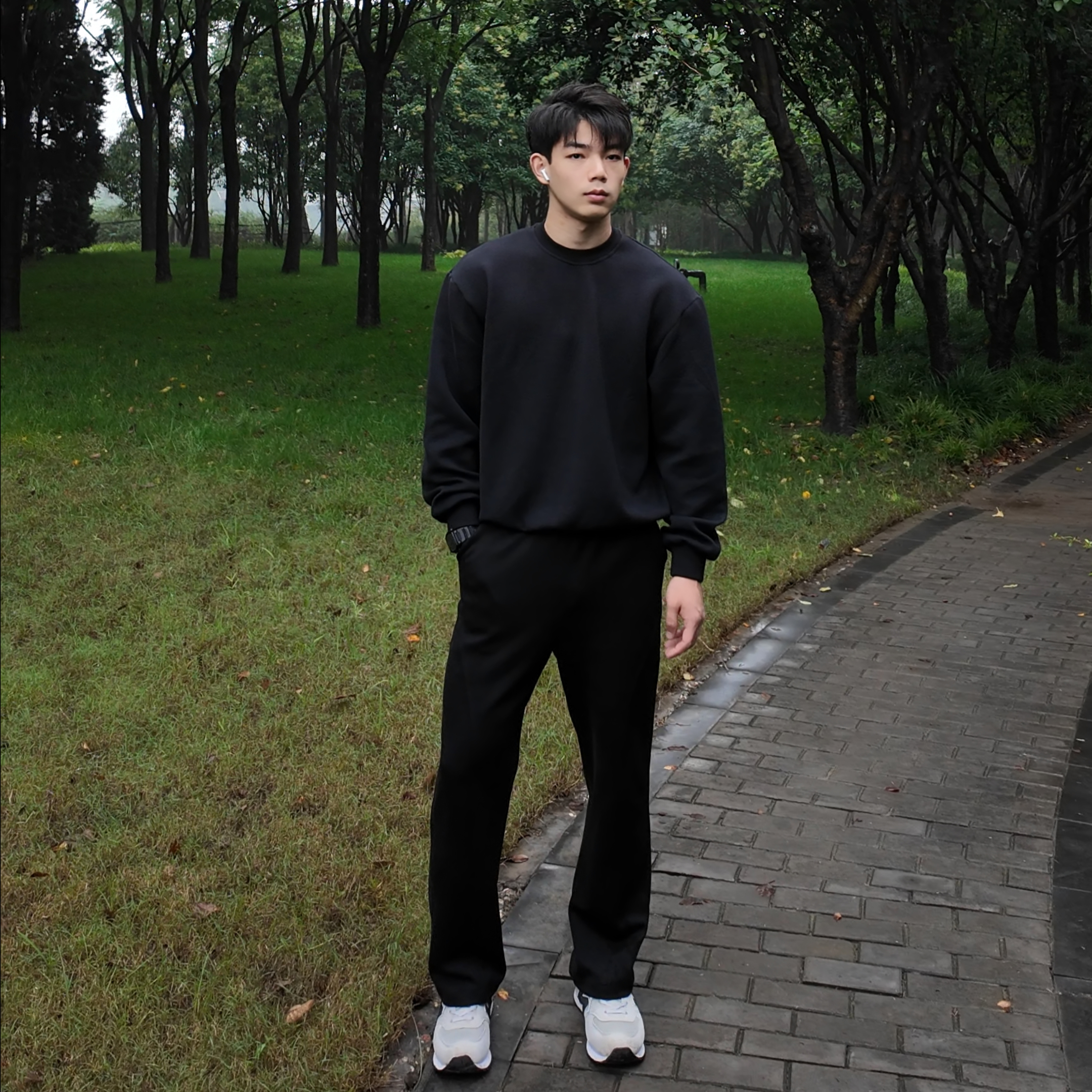 NGU美式黑色重磅卫裤男秋冬直筒斜切修身修饰比例休闲潮流长裤