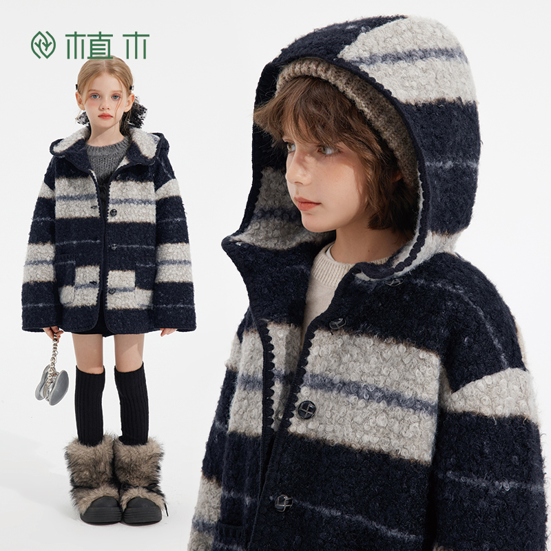 植木童装儿童外套中大童连帽毛呢外套上衣女童外套2025冬季新款