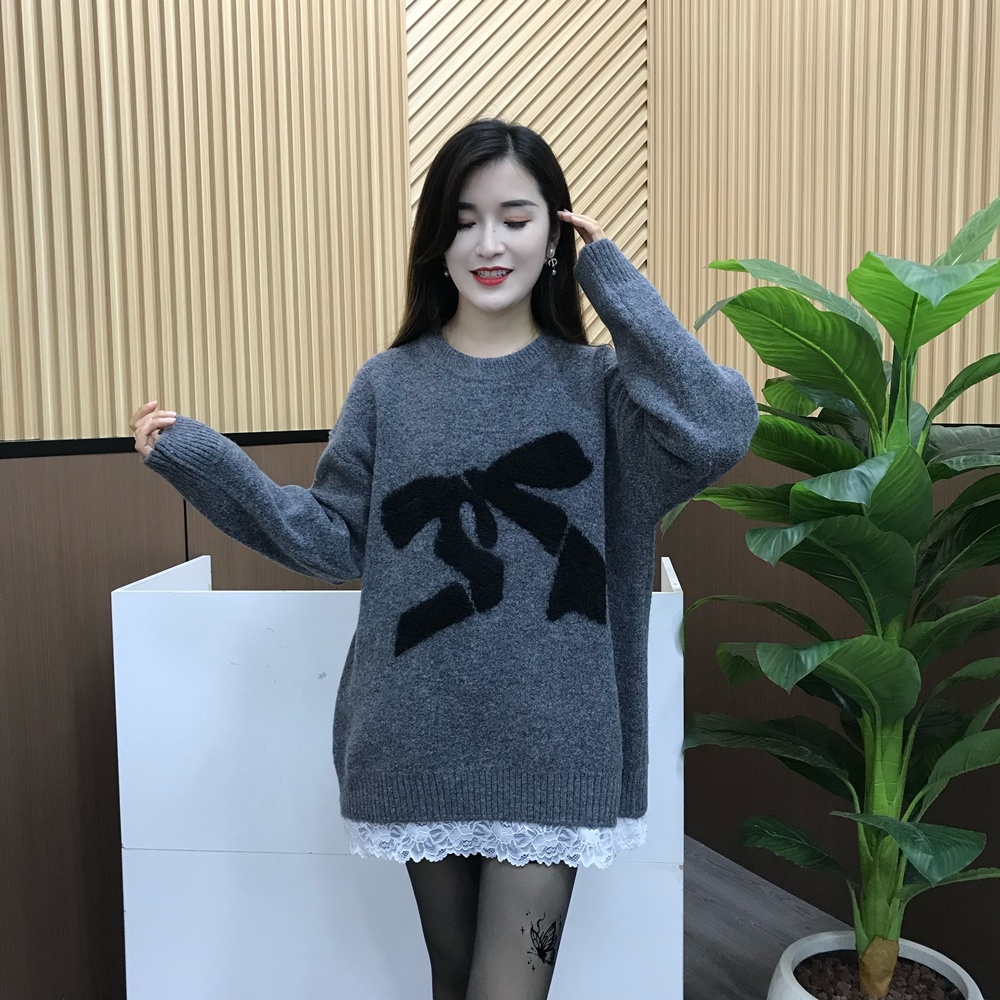 慵懒风撞色蝴蝶结毛衣女2024秋冬新款软糯亲肤针织衫宽松显瘦上衣