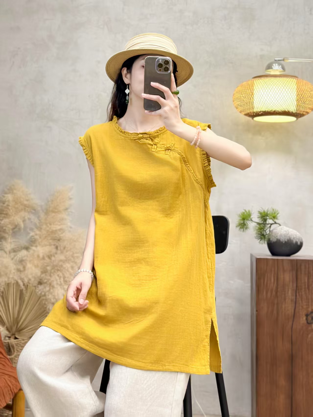 青禾-夏季新款休闲百搭盘扣双纱花边领中长款衬衣JX38