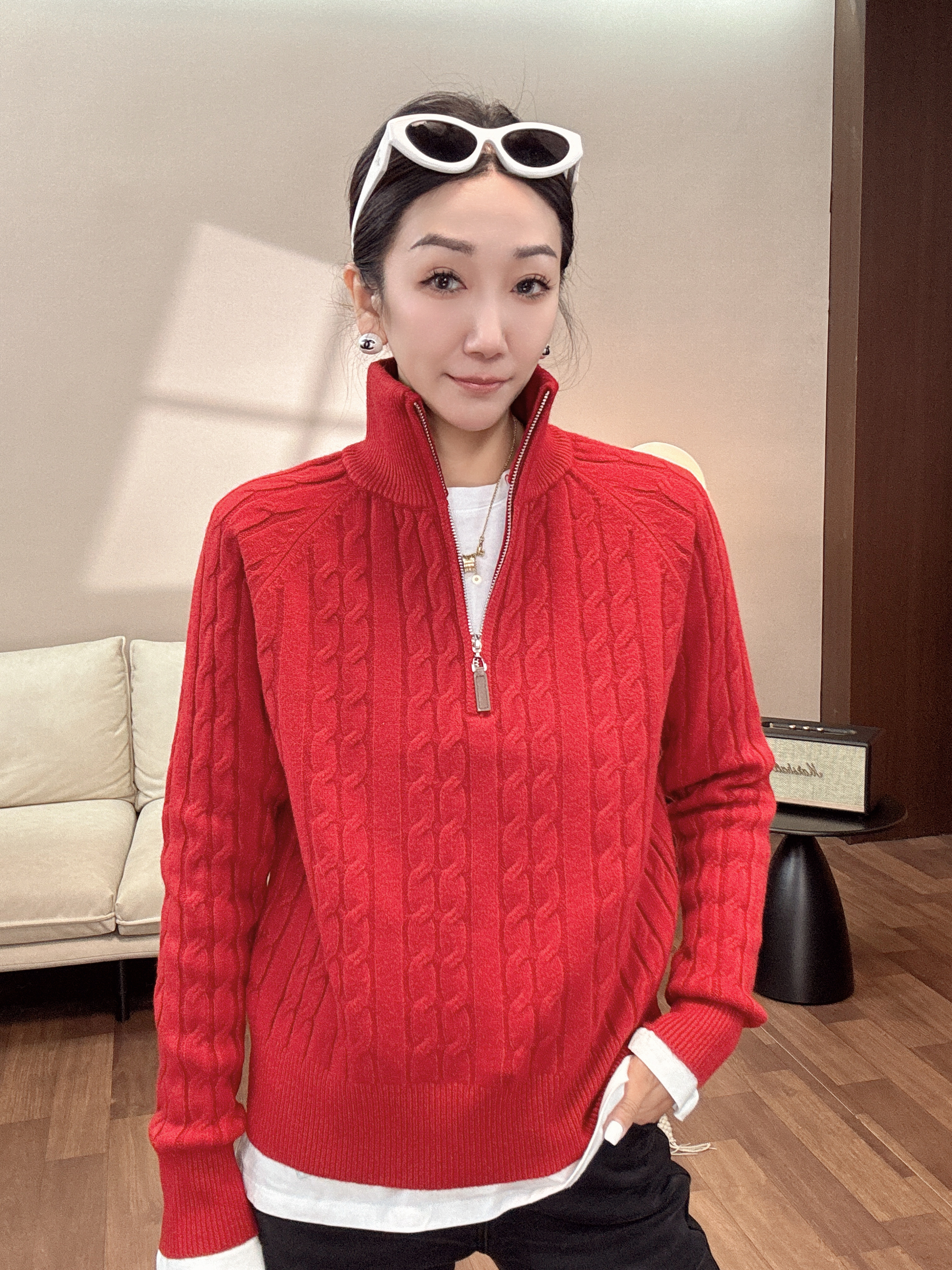 Wang.小宁「香蜜四喜」高领针织衫半拉链麻花加厚毛衣H89790MY254
