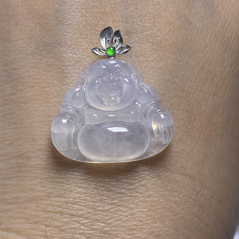 18k金扣头白冰佛公吊坠挂件 缅甸天然翡翠A货
