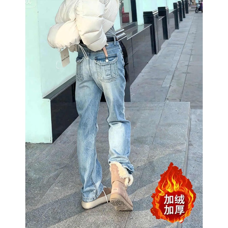 美式水洗做旧浅色翻盖口袋牛仔裤女秋冬直筒窄版宽松阔腿拖地裤子