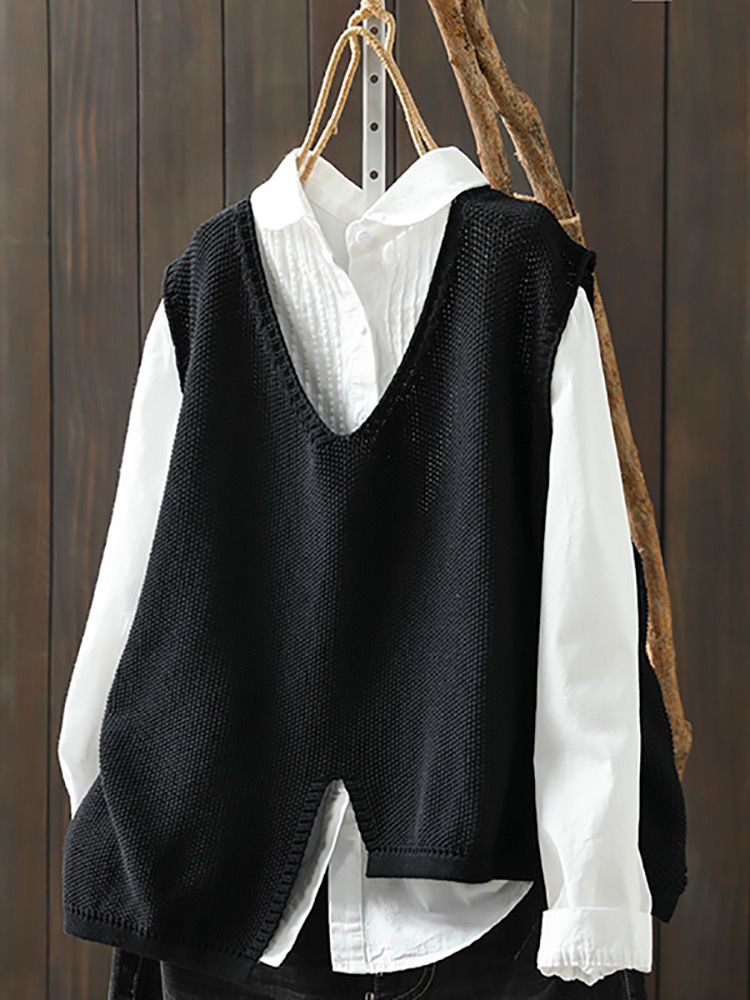 外贸大牌剪标文艺简约不规则针织马甲背心女宽松V领套头坎肩上衣