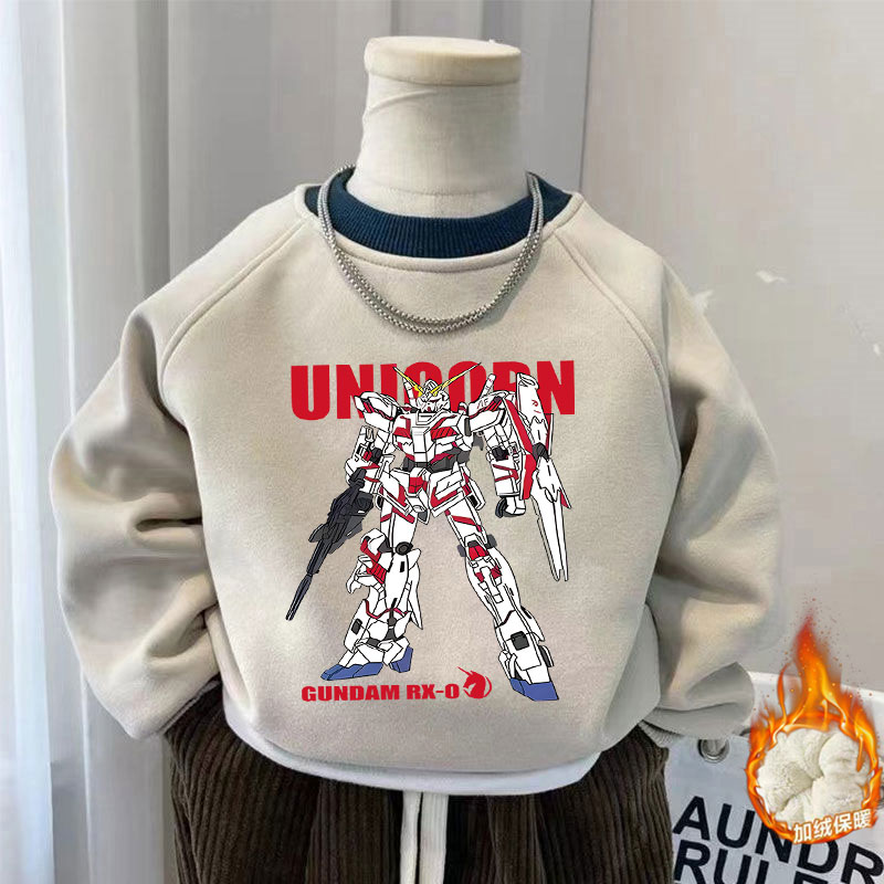 儿童秋冬季新款加绒卫衣中大童宝宝洋气卡通铠甲加厚男童圆领上衣