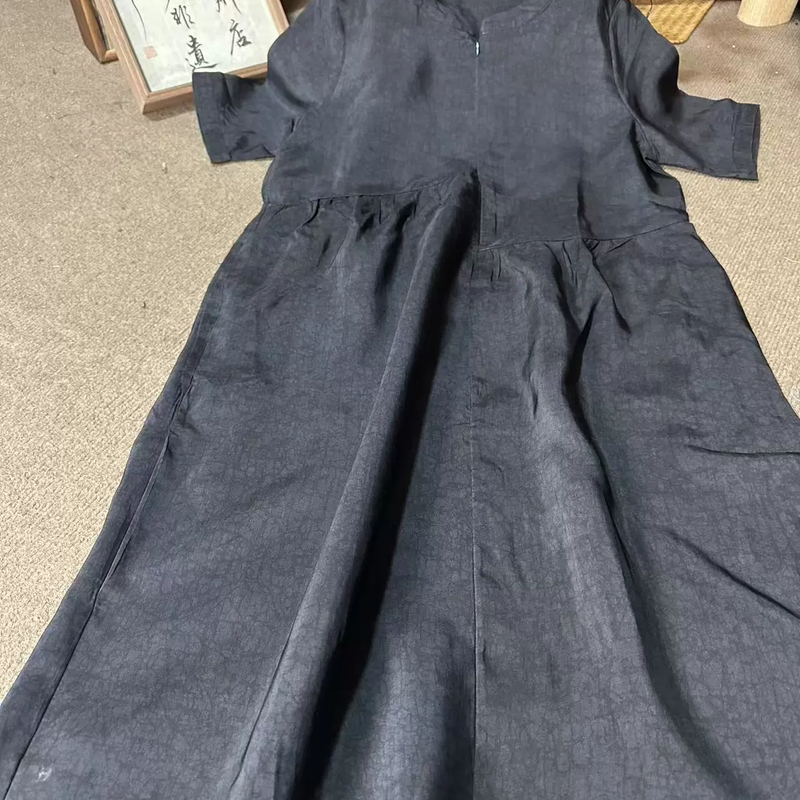 夏季新款新中式国风龟裂纹不规则腰线显瘦短袖连衣裙