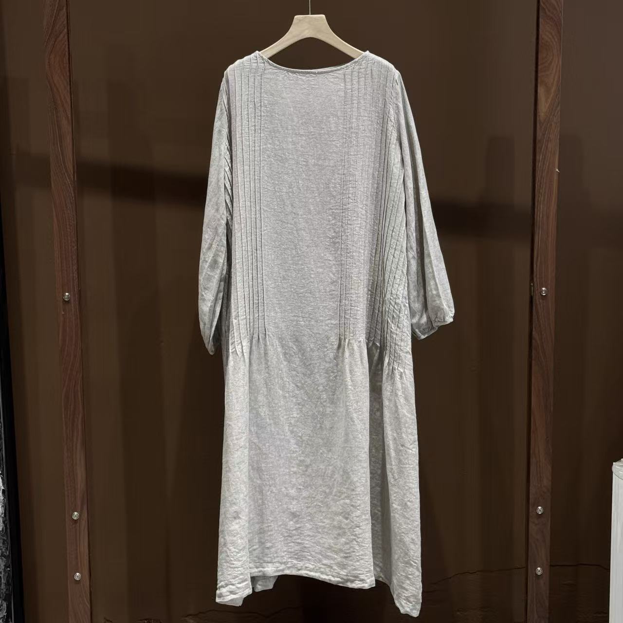 【ATAYI】8028#中腰长袖中长裙极简风女装灰色设计师亚麻气质长裙