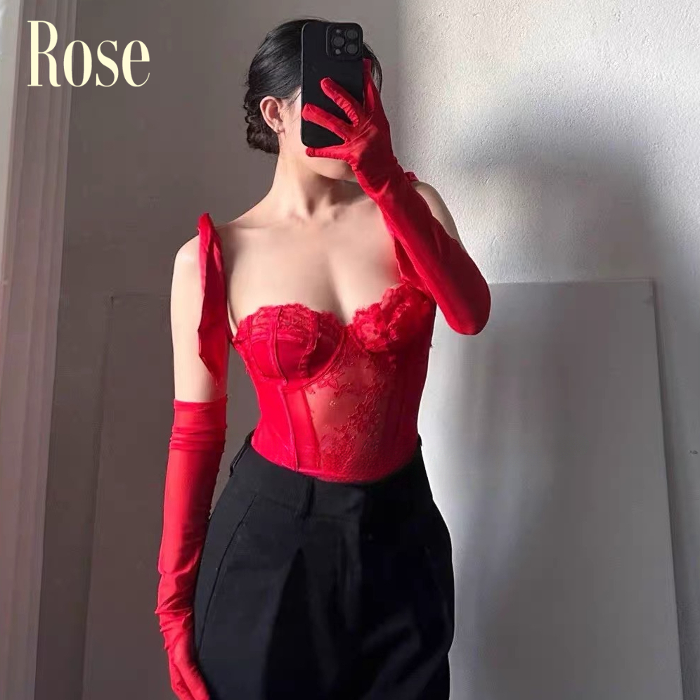 晚瑰·Rose 想念圣诞节 性感蕾丝法式绑带吊带上衣背心女红色