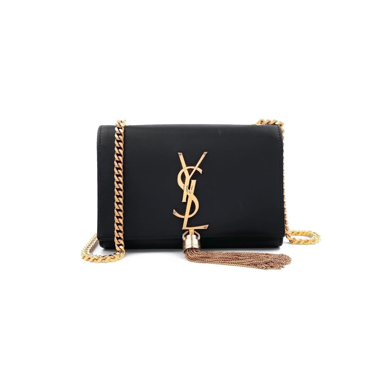 95新 YSL/圣罗兰 牛皮Kate小号黑色金标流苏手拿包链条包单肩包