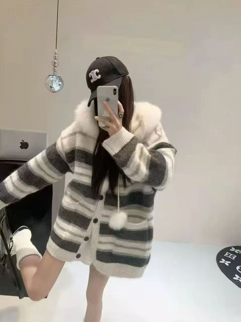 羊驼绒带帽毛领长款外套