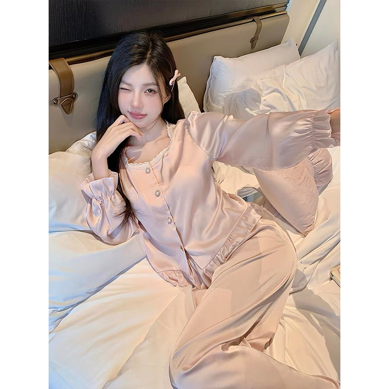 2025新款冰丝长袖睡衣女春秋夏季带胸垫纯欲甜美可外穿家居服套装
