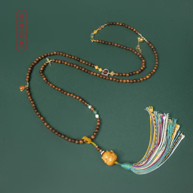 铜合金木质项链 新款花梨斜挎多圈项链手串时尚百搭国风手工编织