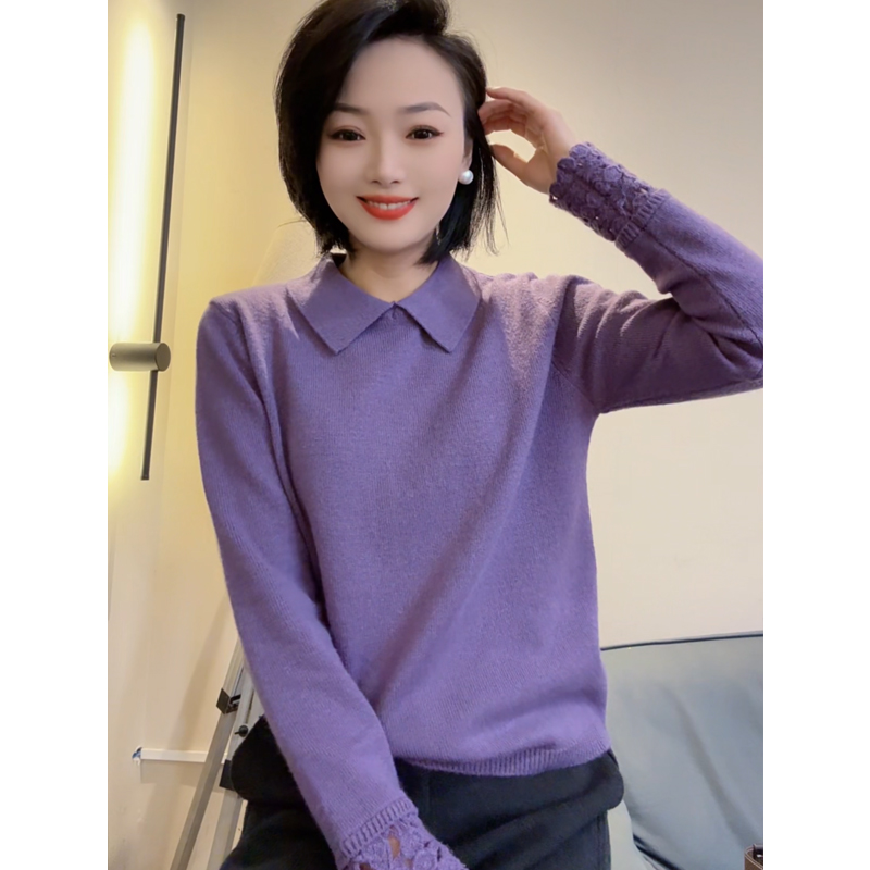 灰色翻领羊毛衫女秋冬慵懒洋气减龄毛衣蕾丝钩花打底针织衫25263