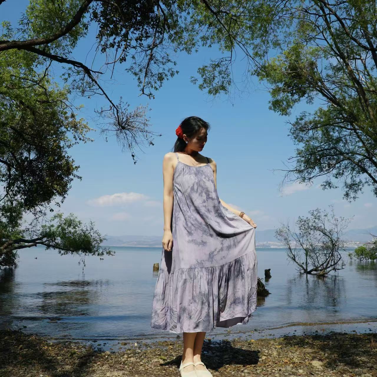 【大理蓝窝】五倍子染雾紫冰花珍珠棉吊带裙温柔减龄夏天海滩高级感