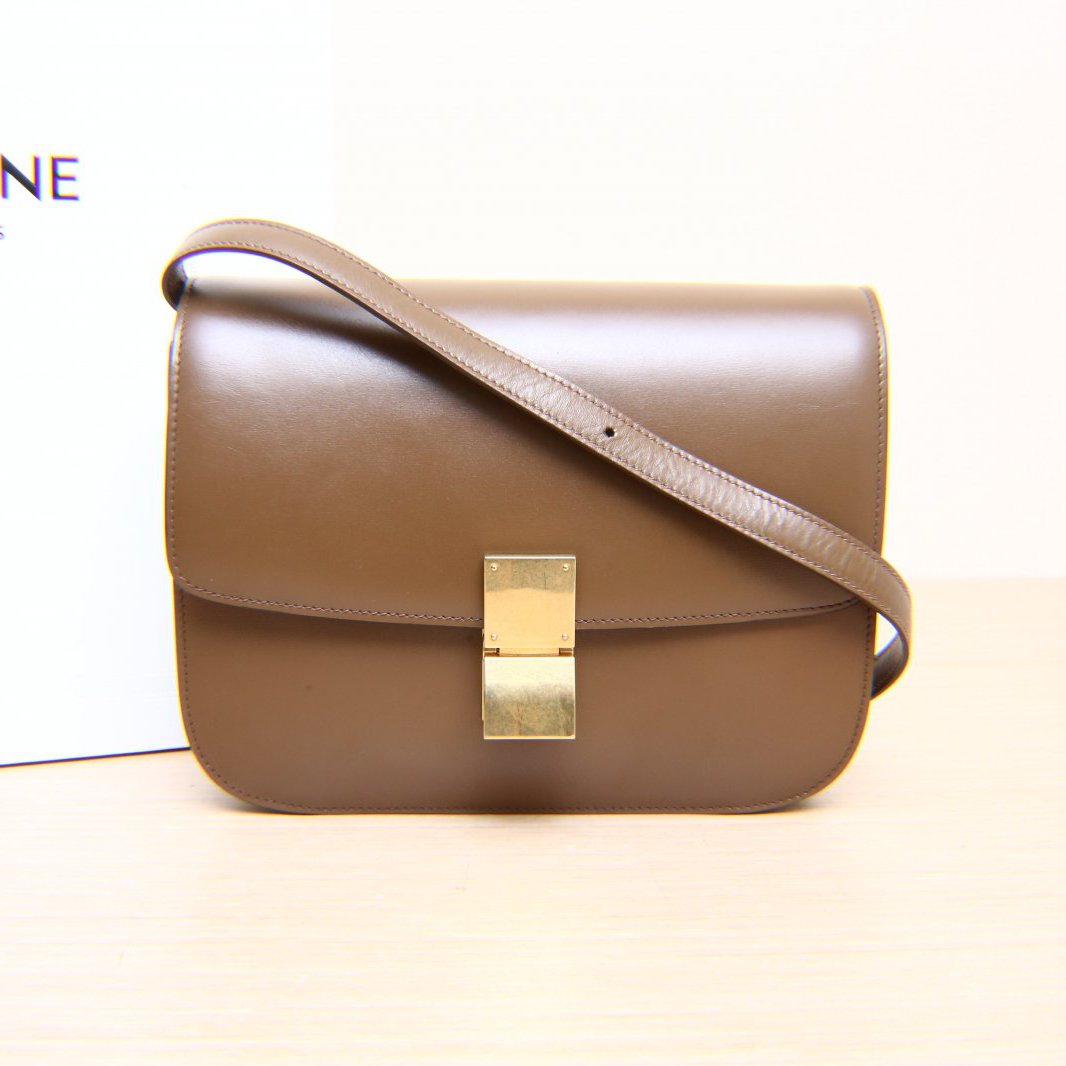 95新 Celine/思琳 -288 黑黑Classic Box 中号 金棕色 皮革C 金扣