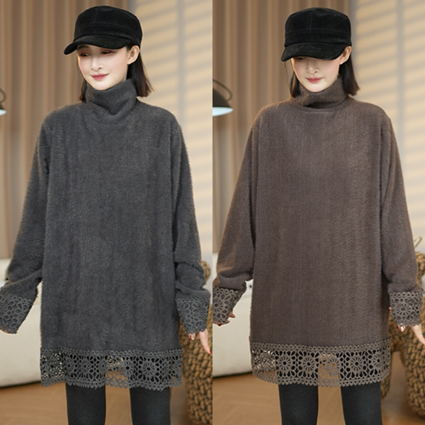 冬季新款欧货高领中长款下摆蕾丝拼接百搭上衣宽松遮肉显瘦上衣