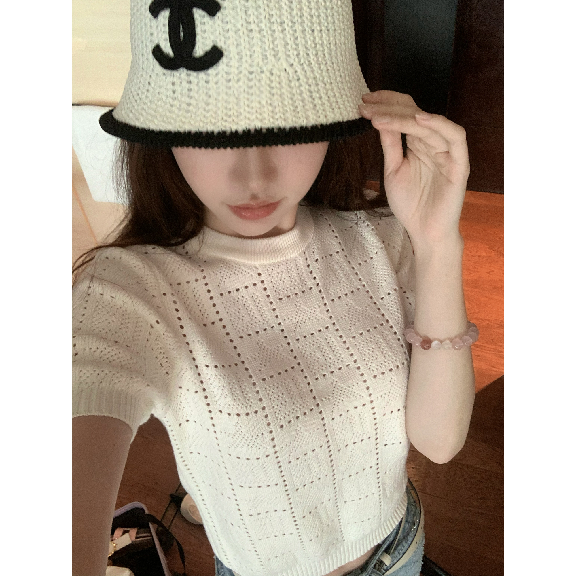 juanjuanyee【长岛甜茶】25春镂空宽松圆领套头小众设计师百搭上衣