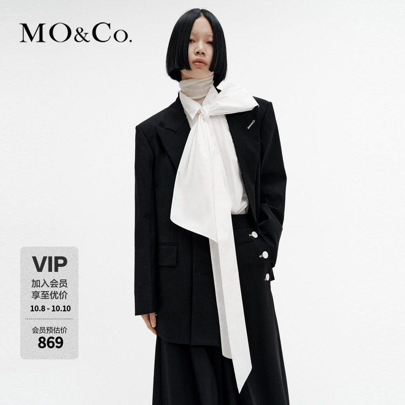 MOCO西装秋冬绵羊毛挺括垫肩裁边戗驳领艺术车线外套MBC4BLA008