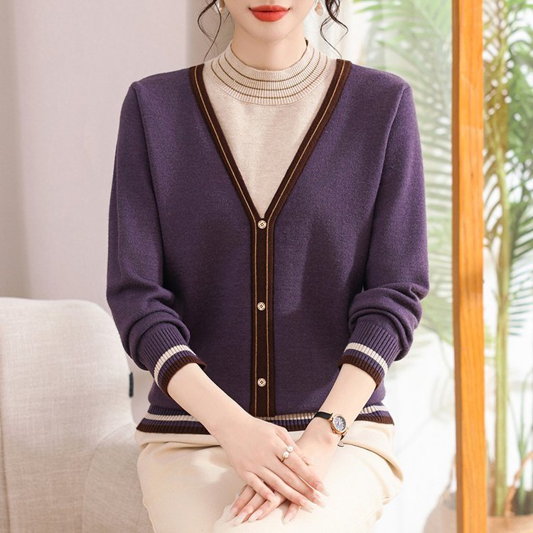 洋气妈妈半高领假两件上衣女秋冬新款宽松遮肚毛衣针织打底衫
