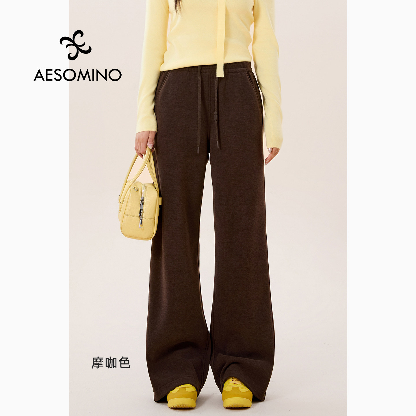 冬加绒简约直筒裤女ATYZ通勤松弛羊绒蚕丝保暖休闲裤针织抽绳长裤