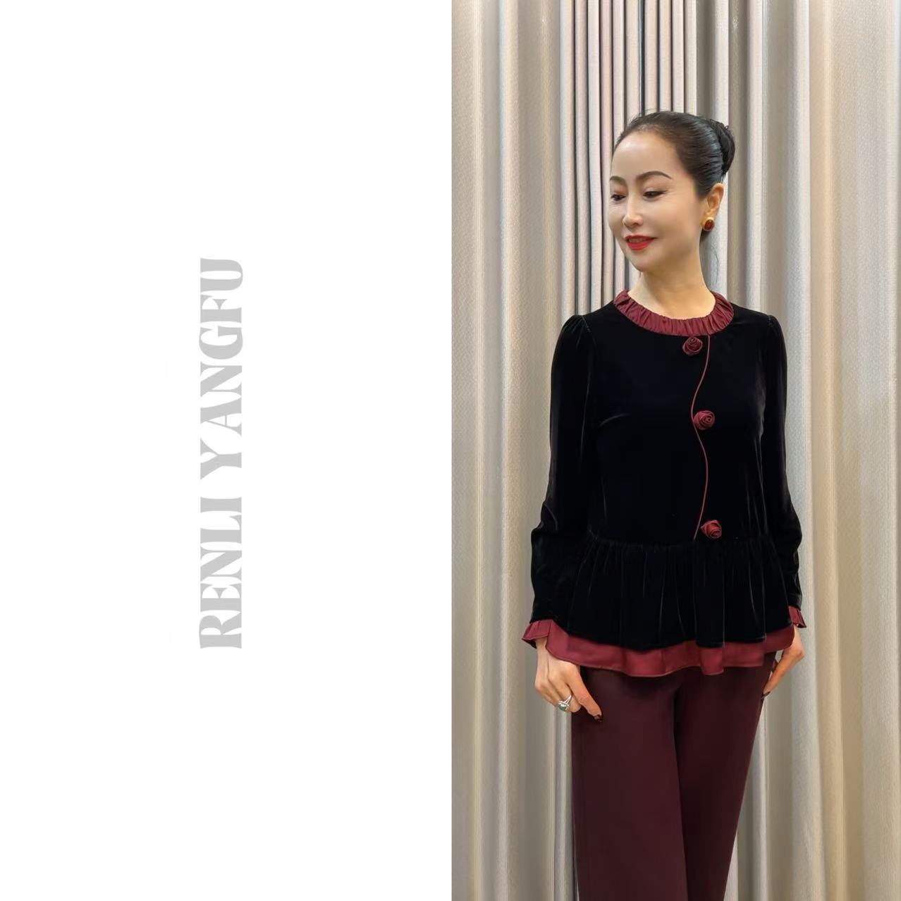 【绒玫】冬春优雅韵味丝绒精致小裙摆超弹力长袖玫瑰花上衣8932