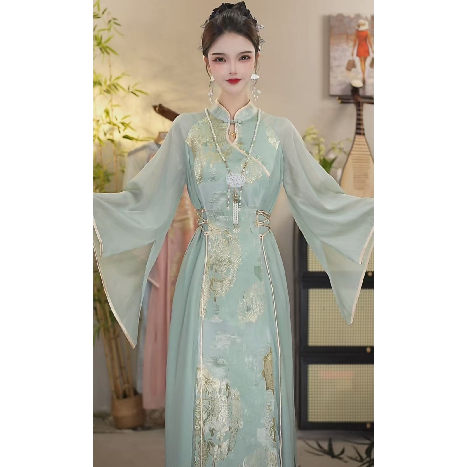 花享悦国风2025春季新款中国风飘逸日常绿色长款连衣裙6622