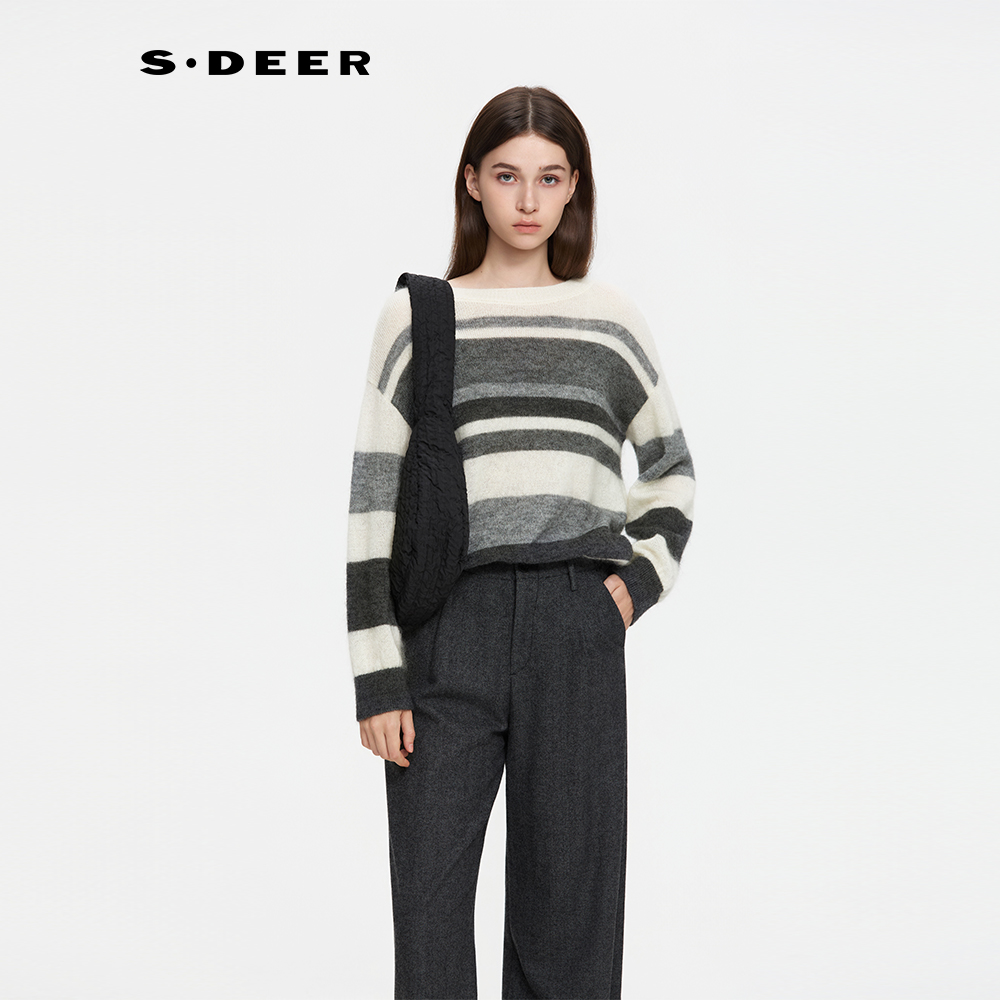 圣迪奥女装秋季复古拼接条纹休闲针织上衣毛衫S253Z3524