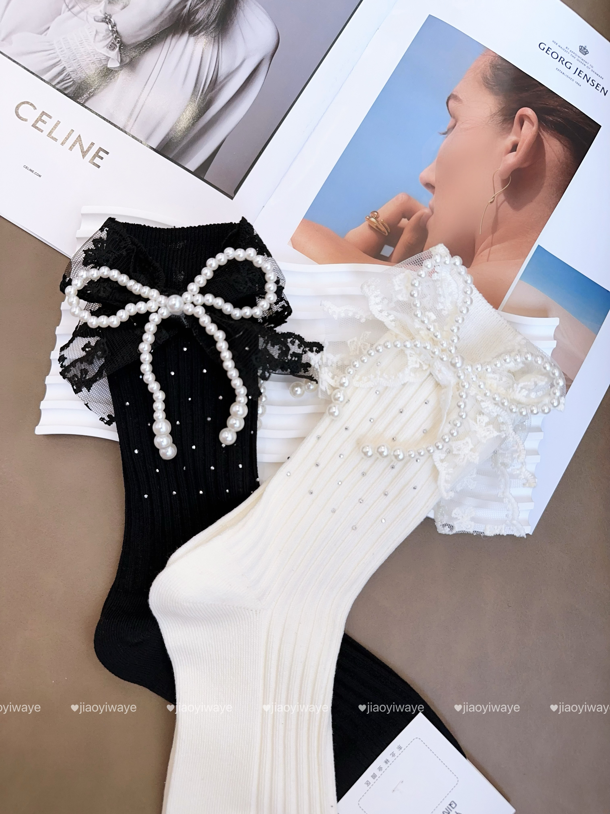 新版甜美珍珠蝴蝶结袜子女中筒袜欧货时尚百搭韩版秋冬堆堆高筒袜