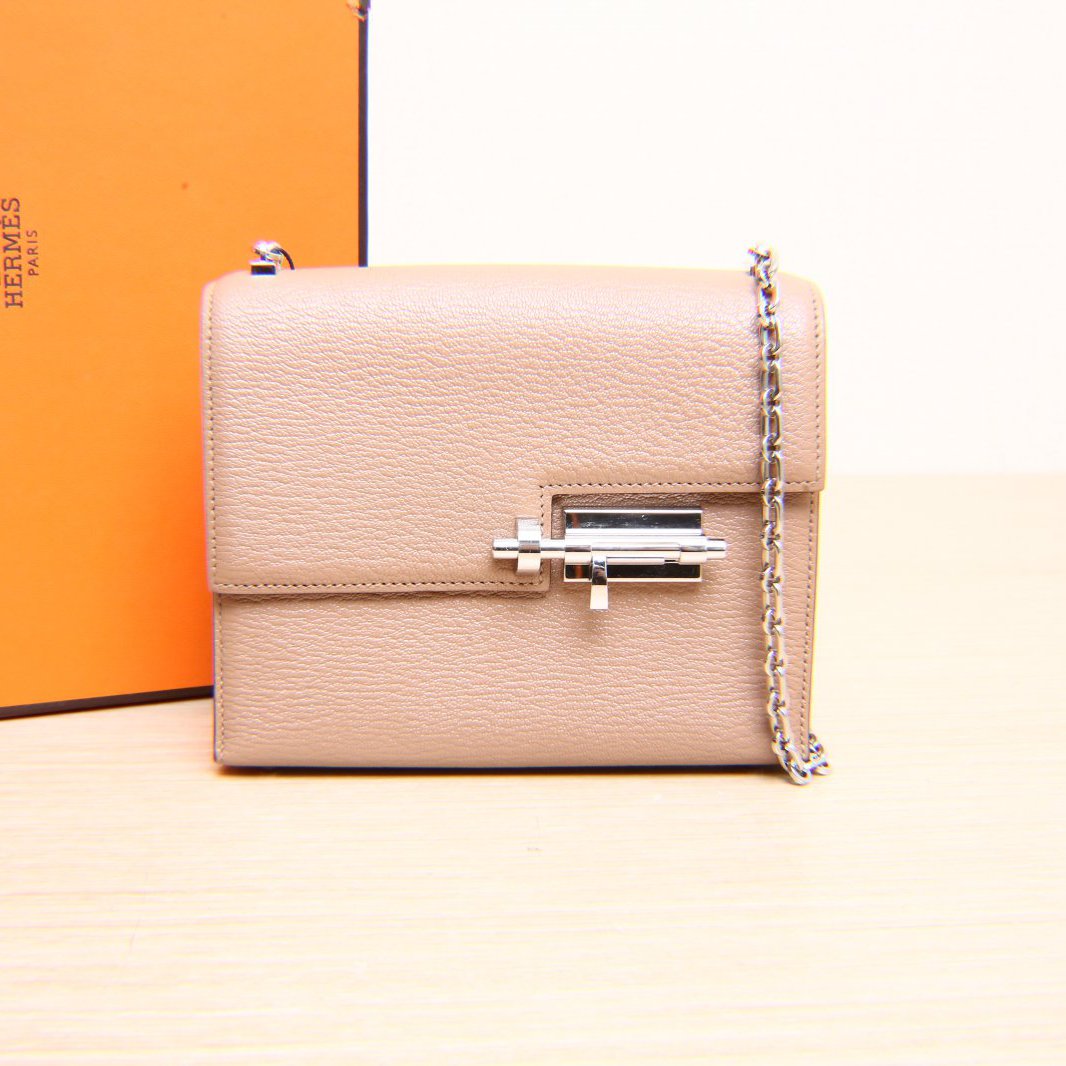 99新 Hermes/爱马仕 小花6花 插销包 17 雀木色 山羊 B刻 银扣