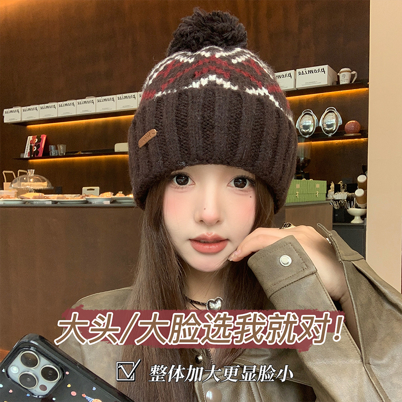 帽顶毛绒球球帽子大头围秋冬季新款针织帽