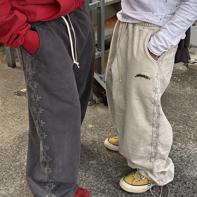 白鹤大人520g重磅纯棉字母刺绣运动卫裤男宽松百搭束脚直筒休闲裤