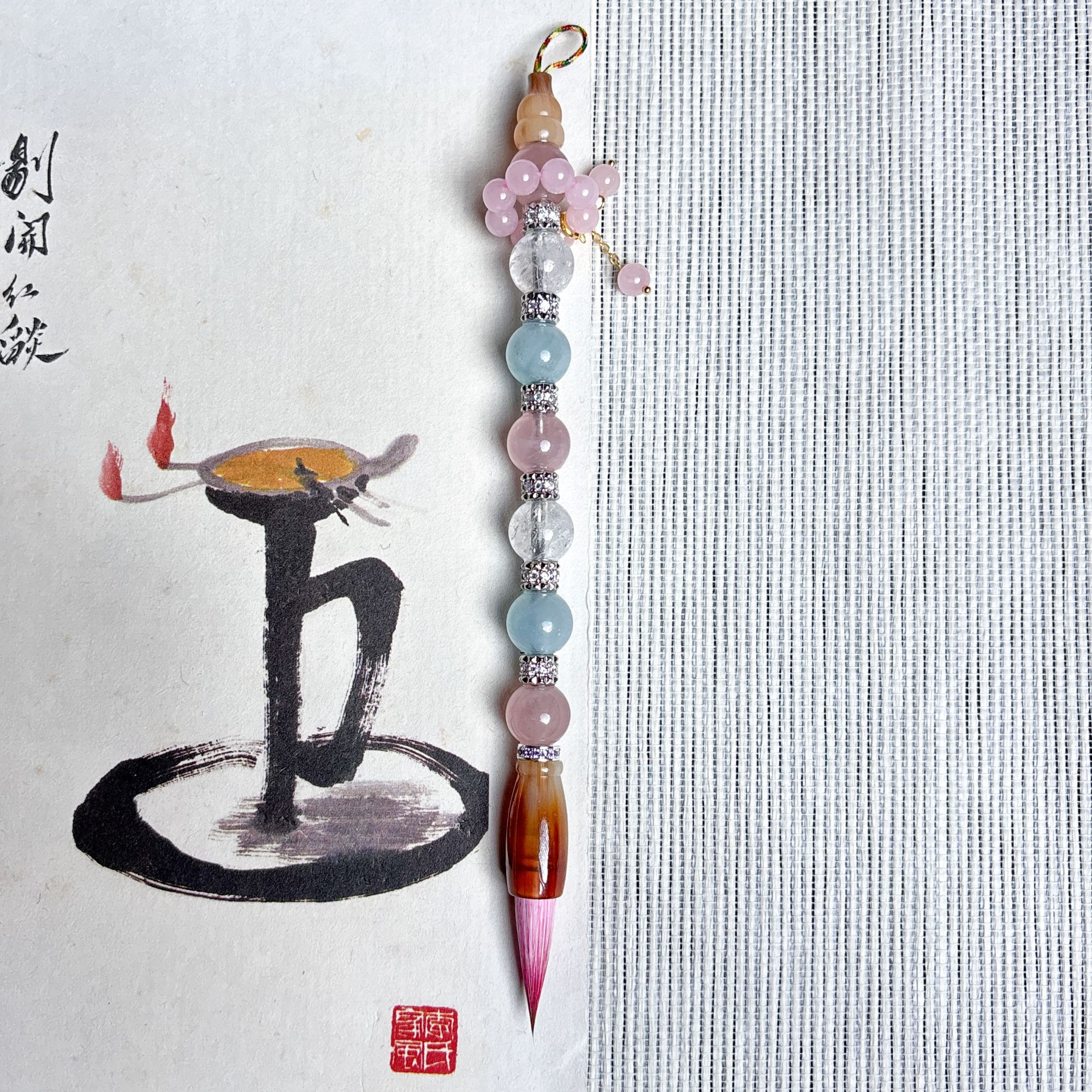 【原创水晶笔】中小楷毛笔 粉水晶海蓝宝狼羊兼毫清水试笔蘸墨不退