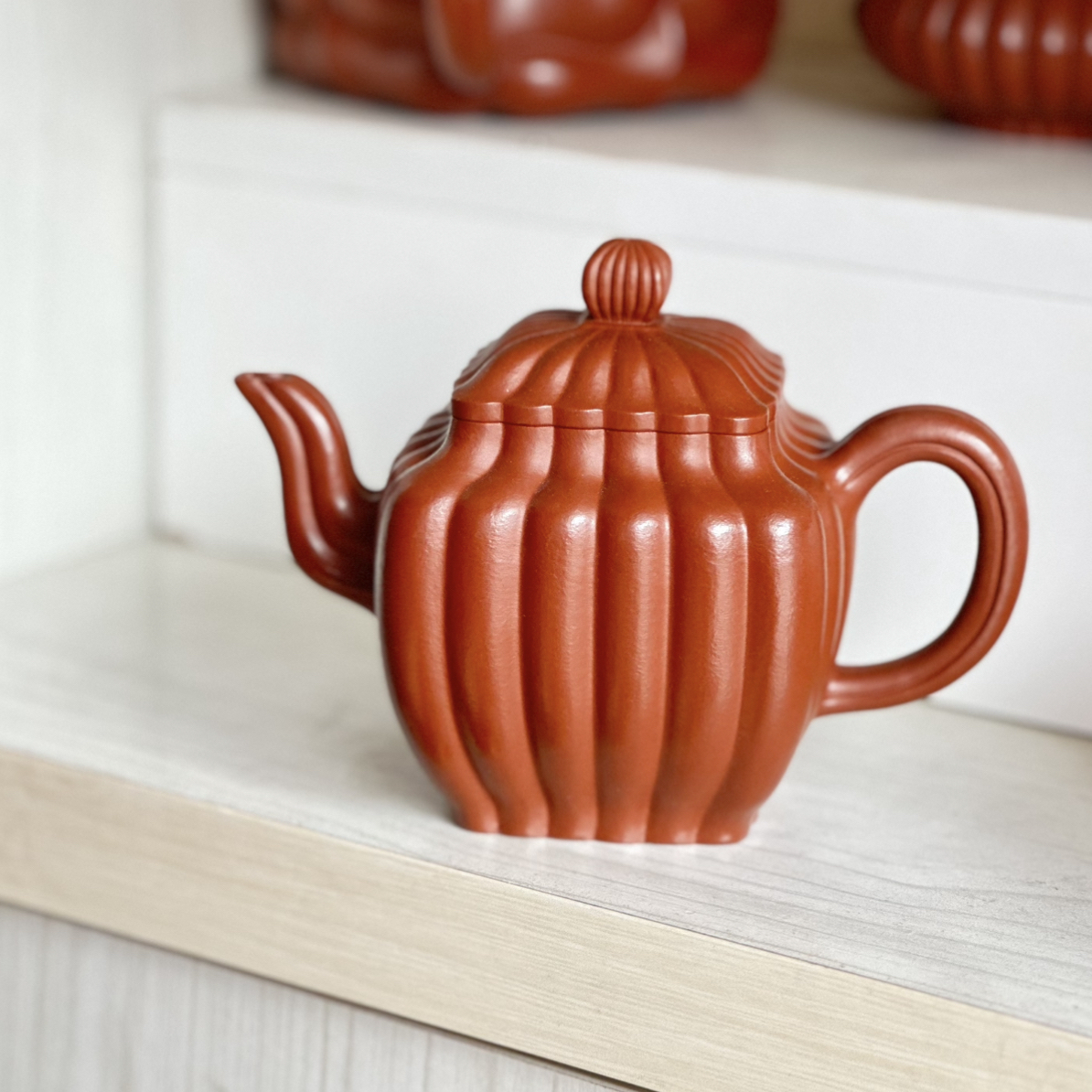 朱泥原矿紫砂壶红泥筋纹器半手工制作菊瓣300CC茶壶南瓜紫砂茶具