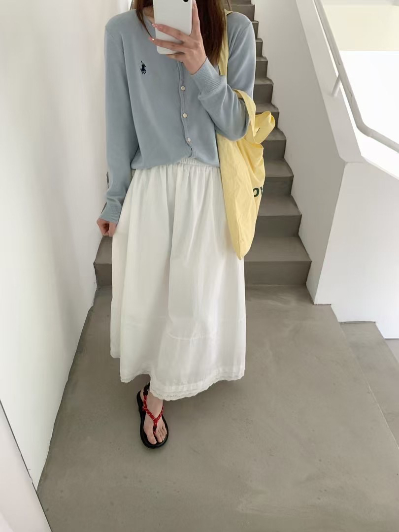 法式甜美风高腰显瘦中长裙白色A字裙百搭伞裙