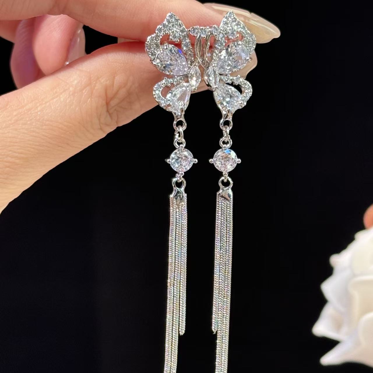 铜合金锆石耳饰 半蝶】小众轻奢高级感长款蝴蝶流苏耳环超仙耳坠女