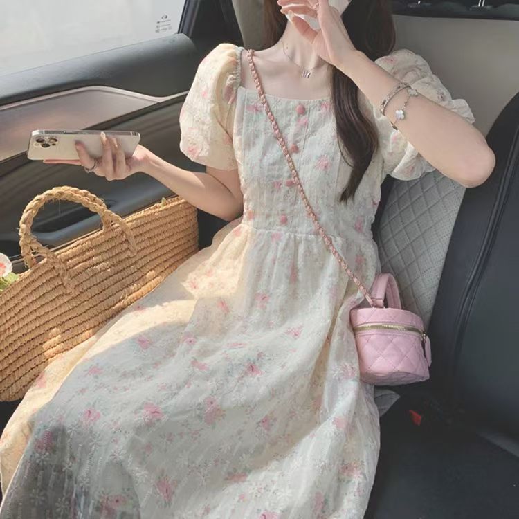 连衣裙夏季高级气质收腰泡泡方领温柔仙女初恋长裙（直播间购买）