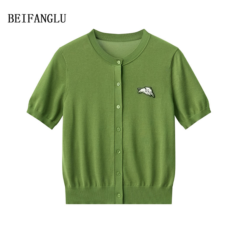 北方鹿【莱赛尔醋酯桑蚕丝】夏季薄款刺绣猫咪短袖针织开衫M96X0611