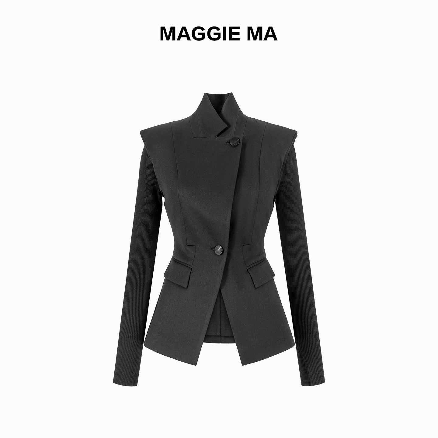 MAGGIE MA马婧设计师款暗夜黑针织拼接袖简洁干练外套554C