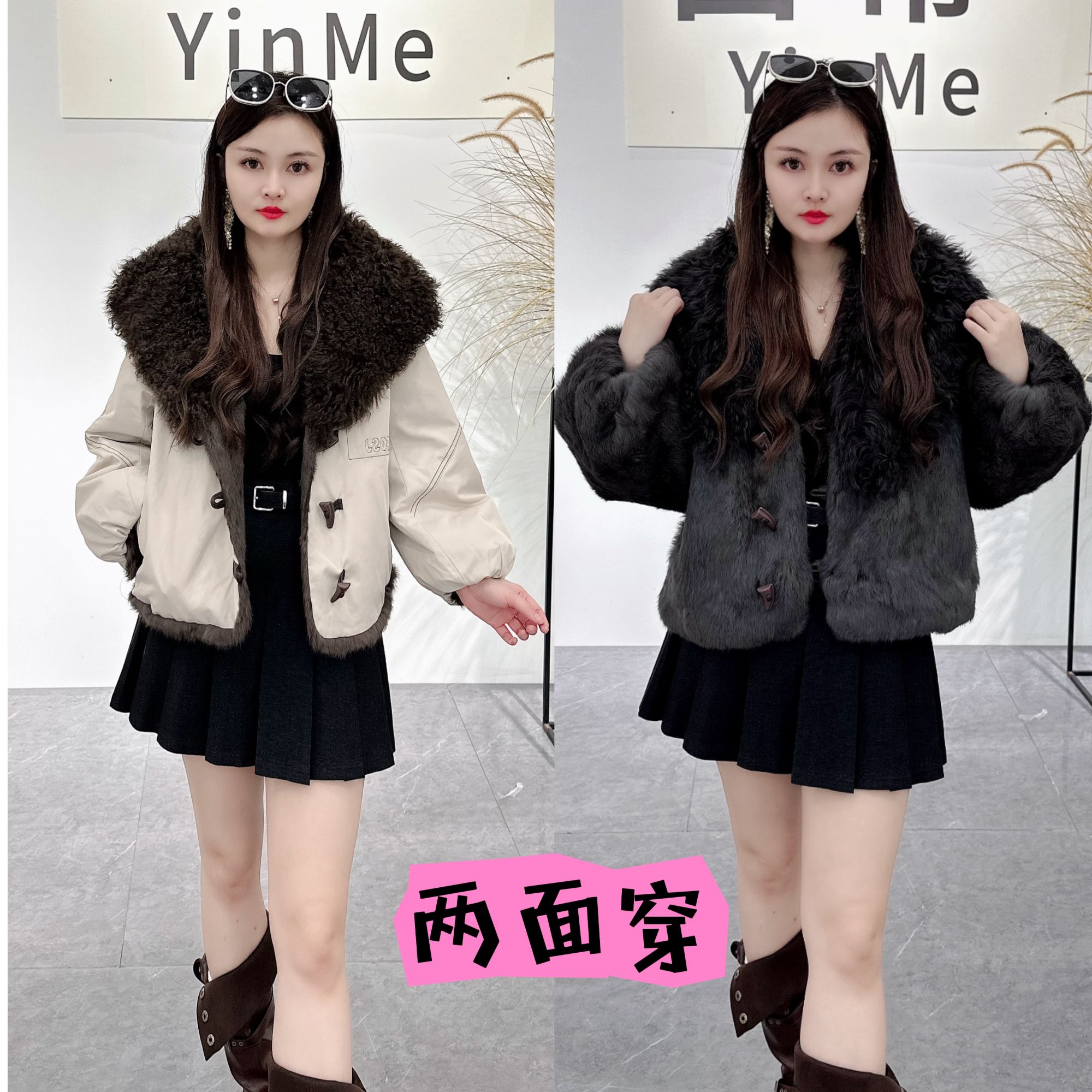 兔皮毛皮草女两面穿短款外套女羊毛领保暖厚款冬季宽松派克服