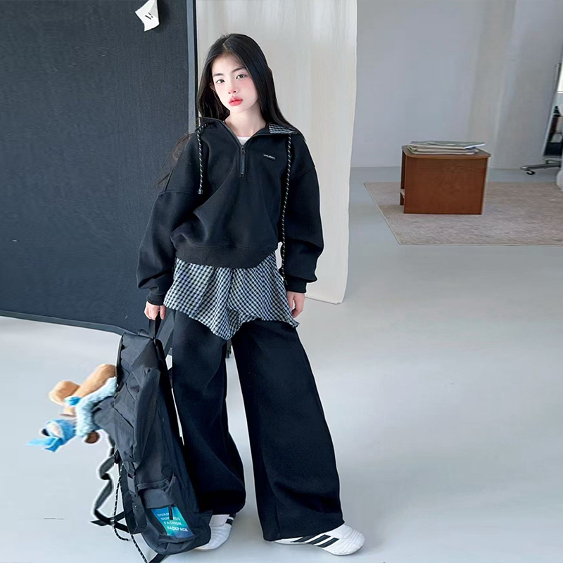 【毛妈潮牌】女童连帽格纹叠穿卫衣套装2025春秋新款洋气宽松两件套