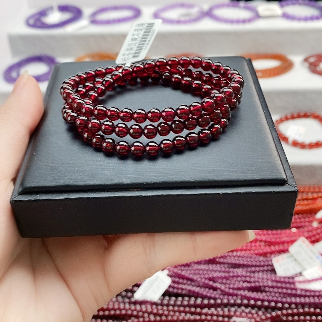 石榴石手链未镶嵌5.5mm玫红色三圈性价比