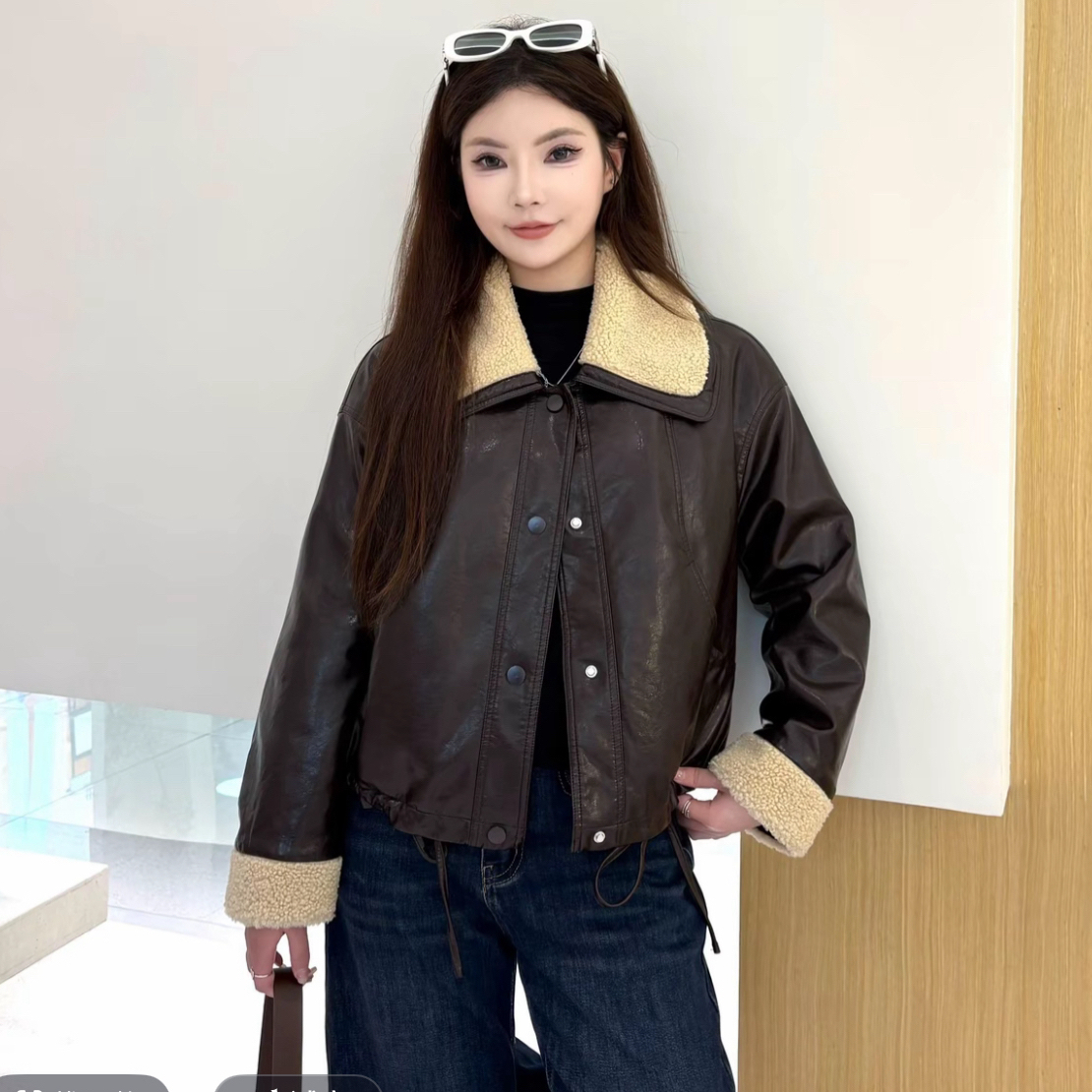 8116#夹克皮棉衣短款拼接时尚厚外套秋冬季加绒朋克风