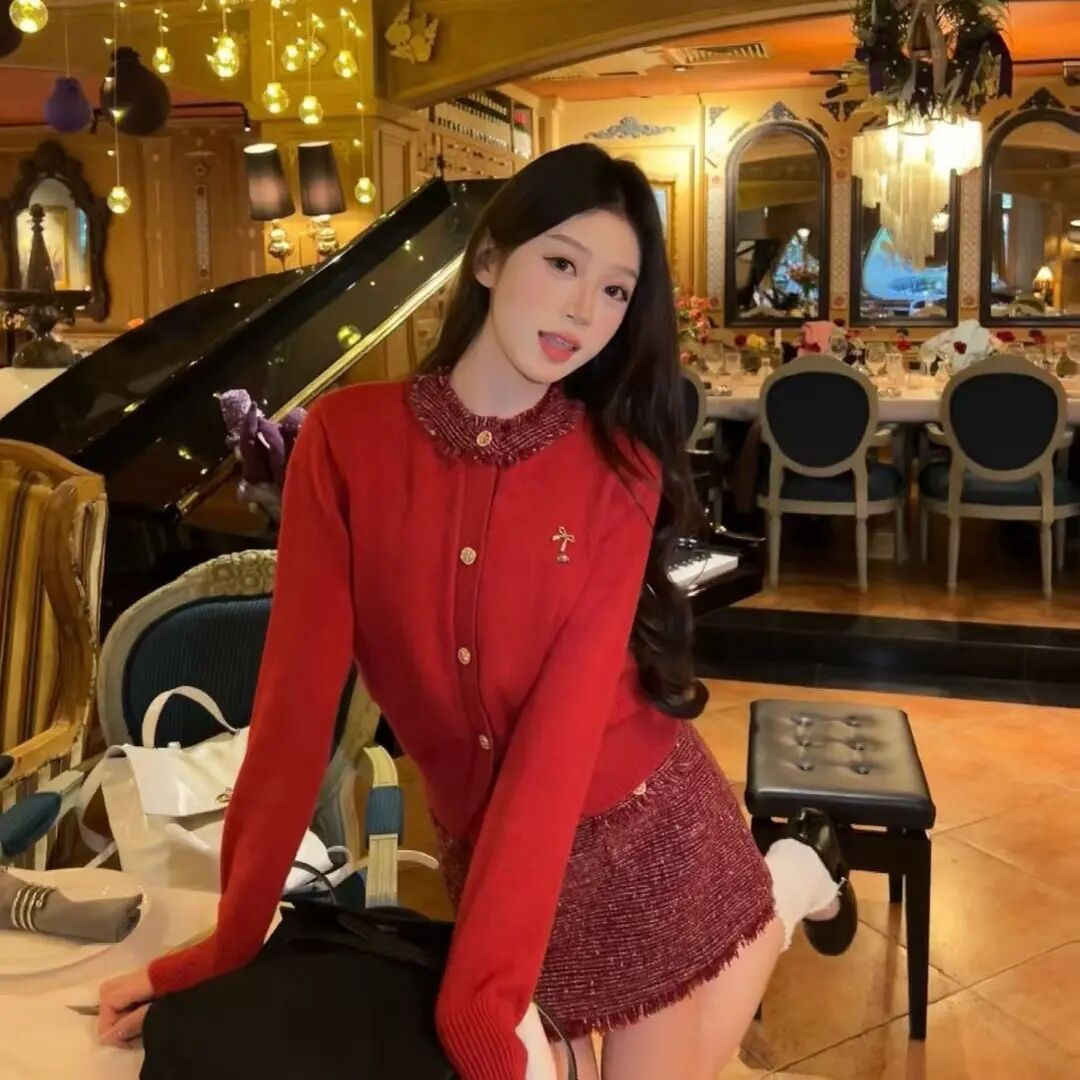 千金风～小香风节日氛围感圆领拼接毛衣开衫名媛气质高级百搭毛衣