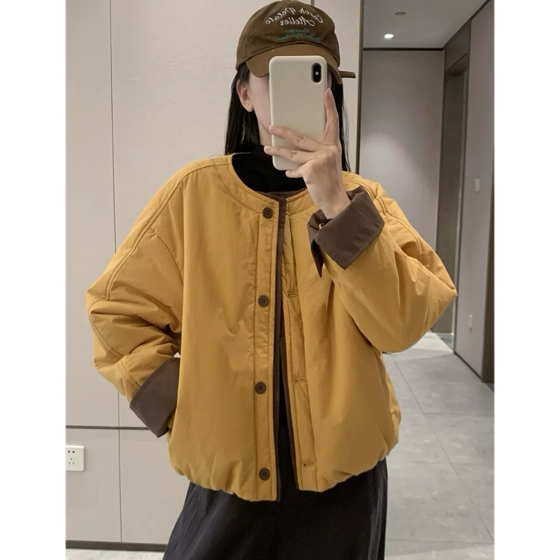 秋冬新款圆领短款拼色棉服女小个子时尚百搭休闲保暖